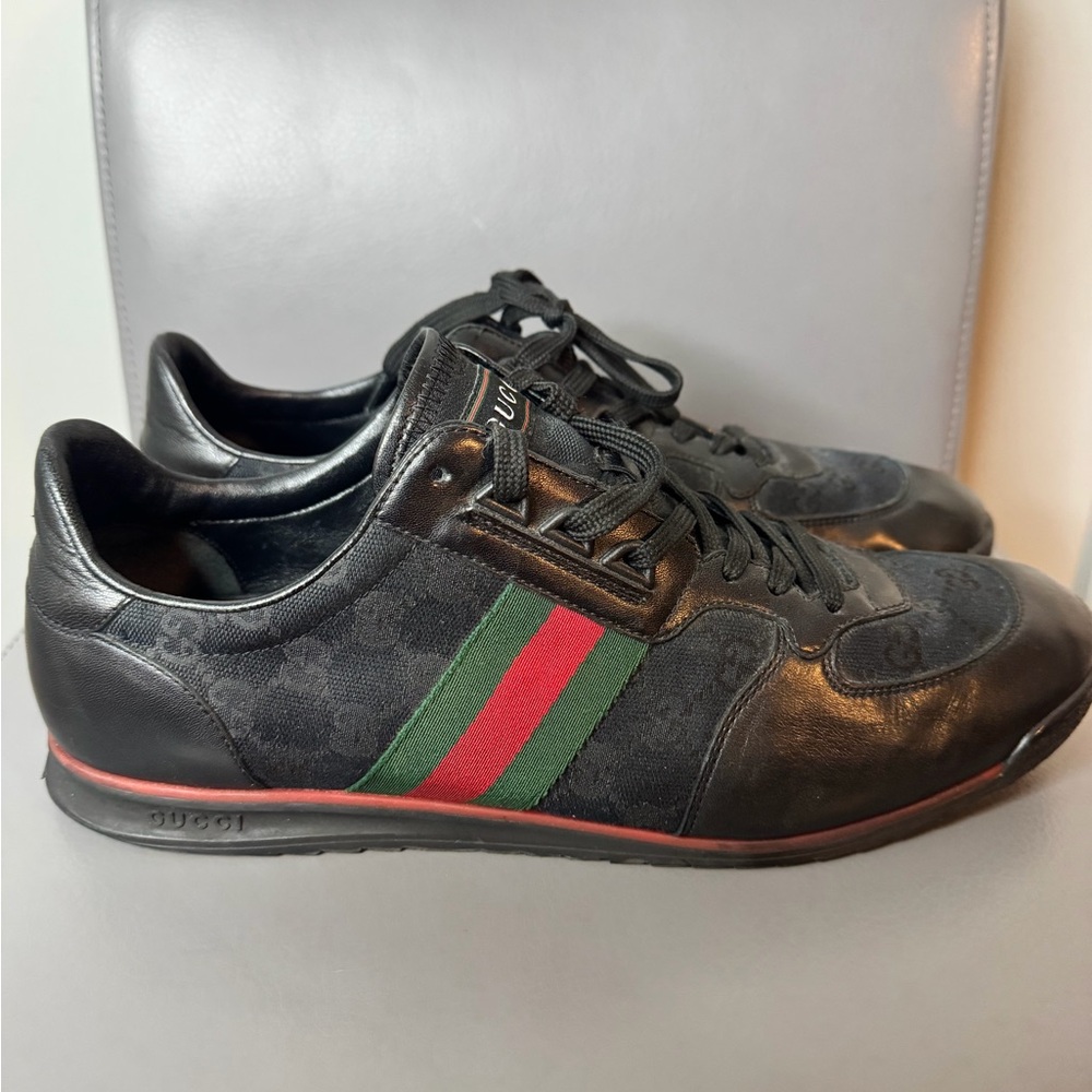 Gucci Men’s Black Leather Nappa Moorea Original GG Web Sneakers Sz 12